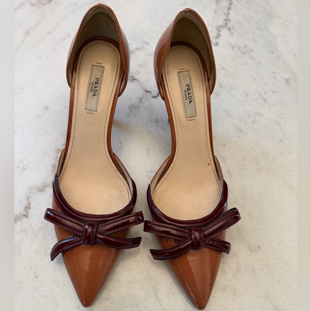 Prada Beige-Pink Patent Leather Pointed Toe Bow D'orsay Pumps